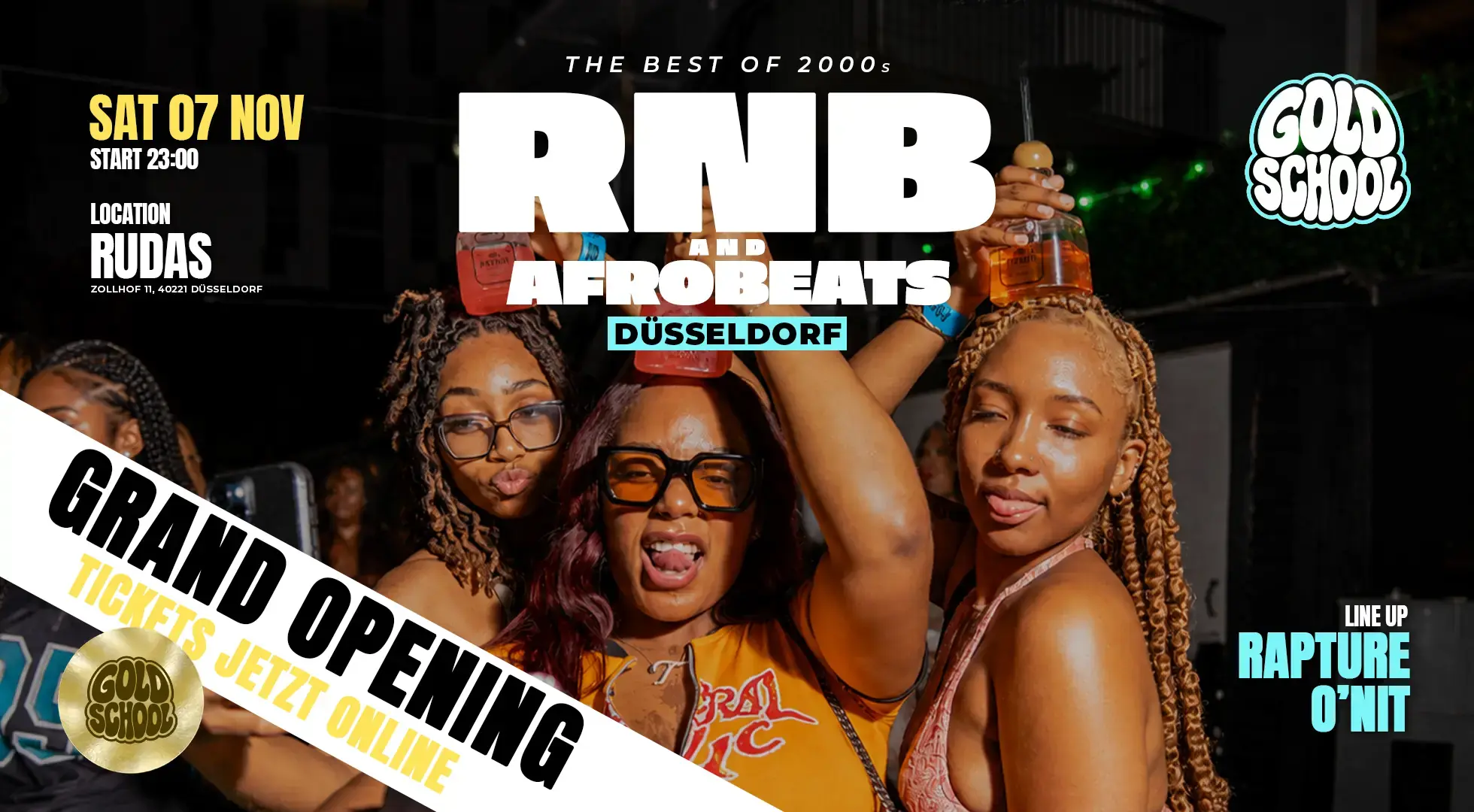 Eventplakat GOLD SCHOOL Düsseldorf: SA · 07.11.2026 im Rudas. RNB und Afrobeats, Best of 2000s.