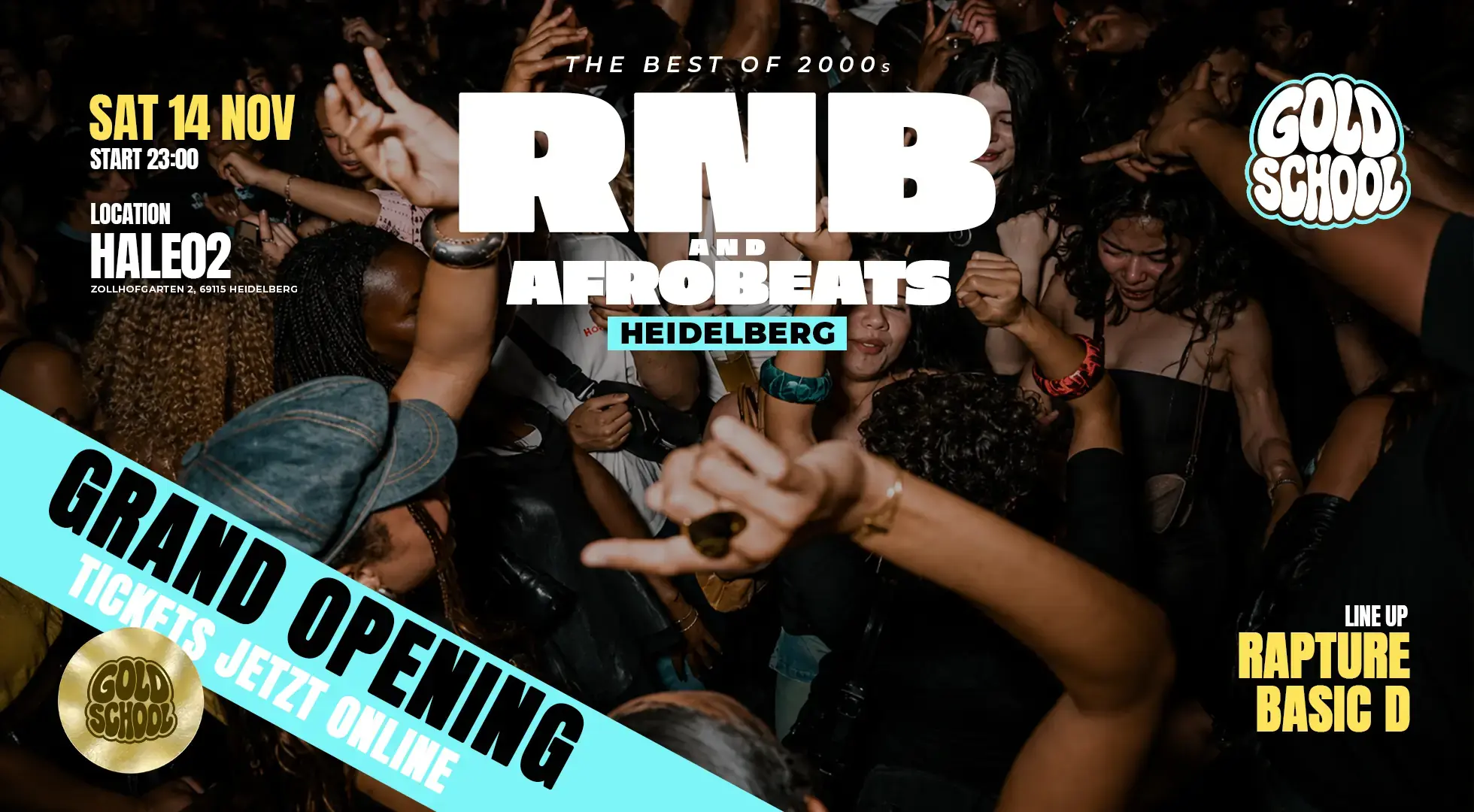 Eventplakat GOLD SCHOOL Heidelberg: SA · 14.11.2026 im halle02. RNB und Afrobeats, Best of 2000s.