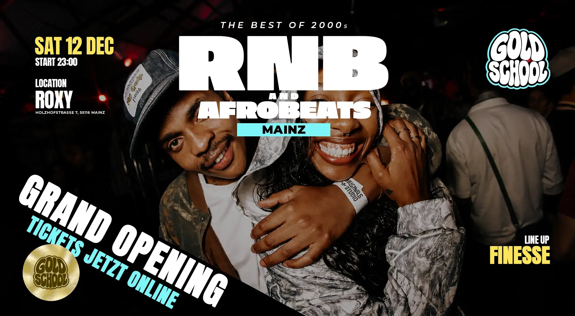 Eventplakat GOLD SCHOOL Mainz: SA · 12.12.2026 im Roxy. RNB und Afrobeats, Best of 2000s.
