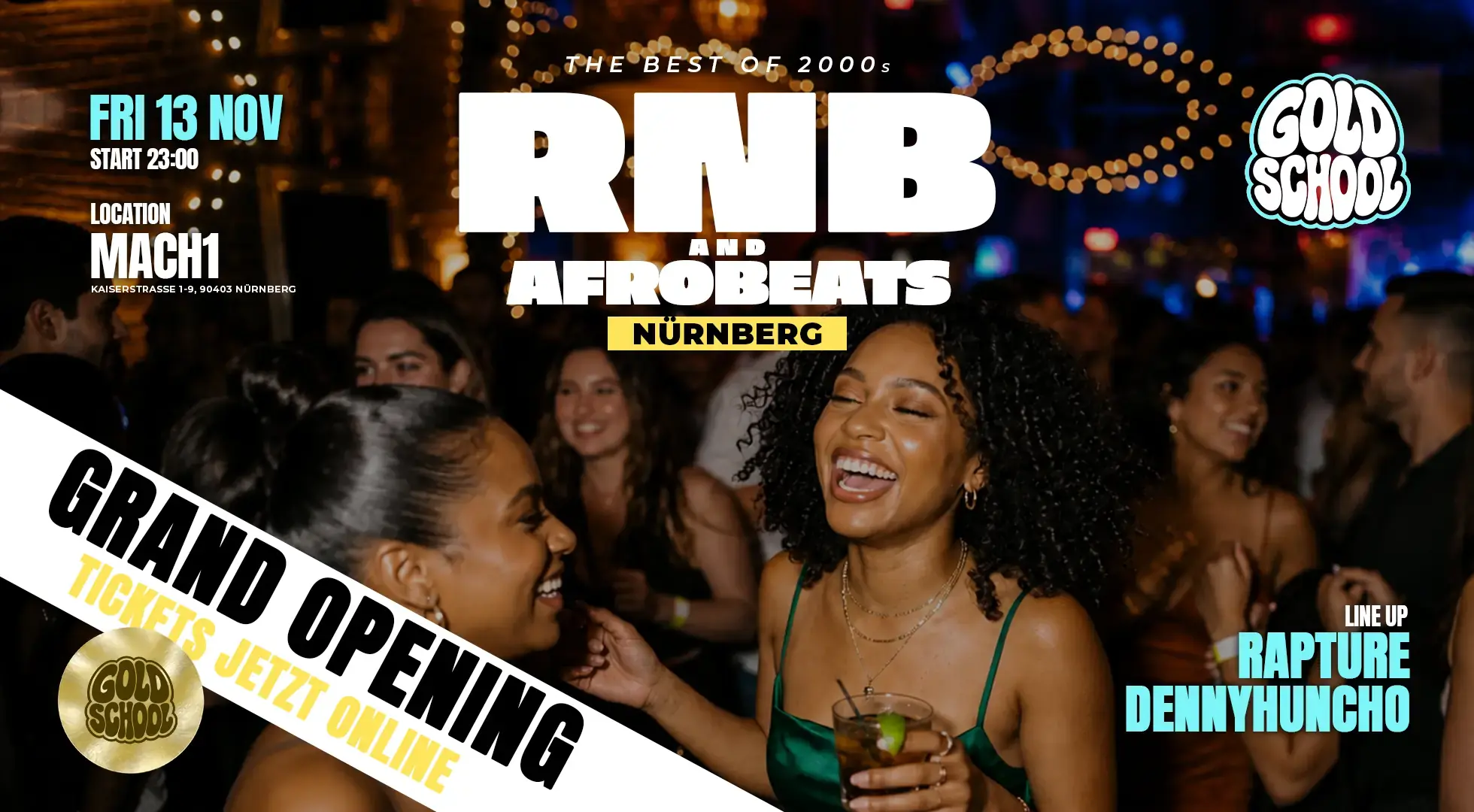 Eventplakat GOLD SCHOOL Nürnberg: FR · 13.11.2026 im Mach1. RNB und Afrobeats, Best of 2000s.