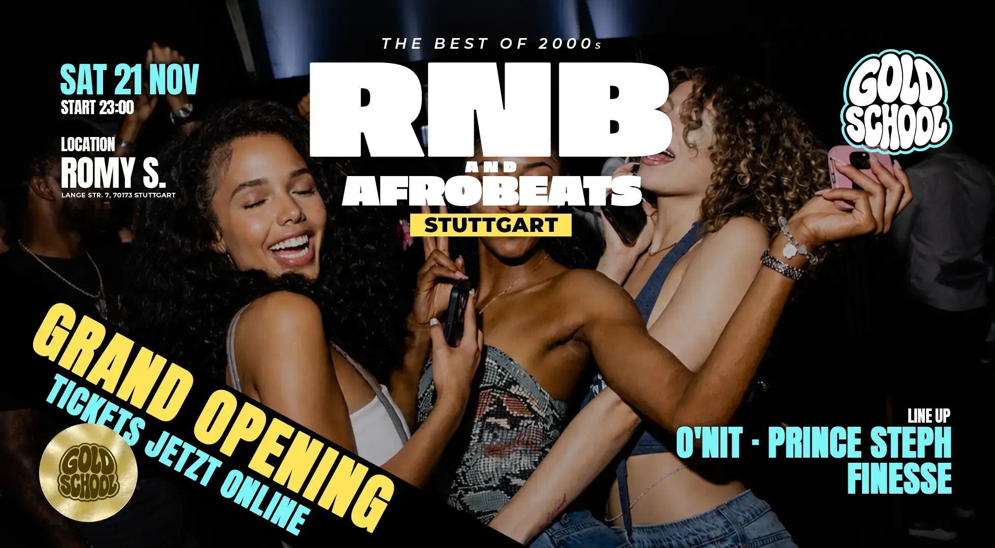 Eventplakat GOLD SCHOOL Stuttgart: SA · 21.11.2026 im Romy S. RNB und Afrobeats, Best of 2000s.